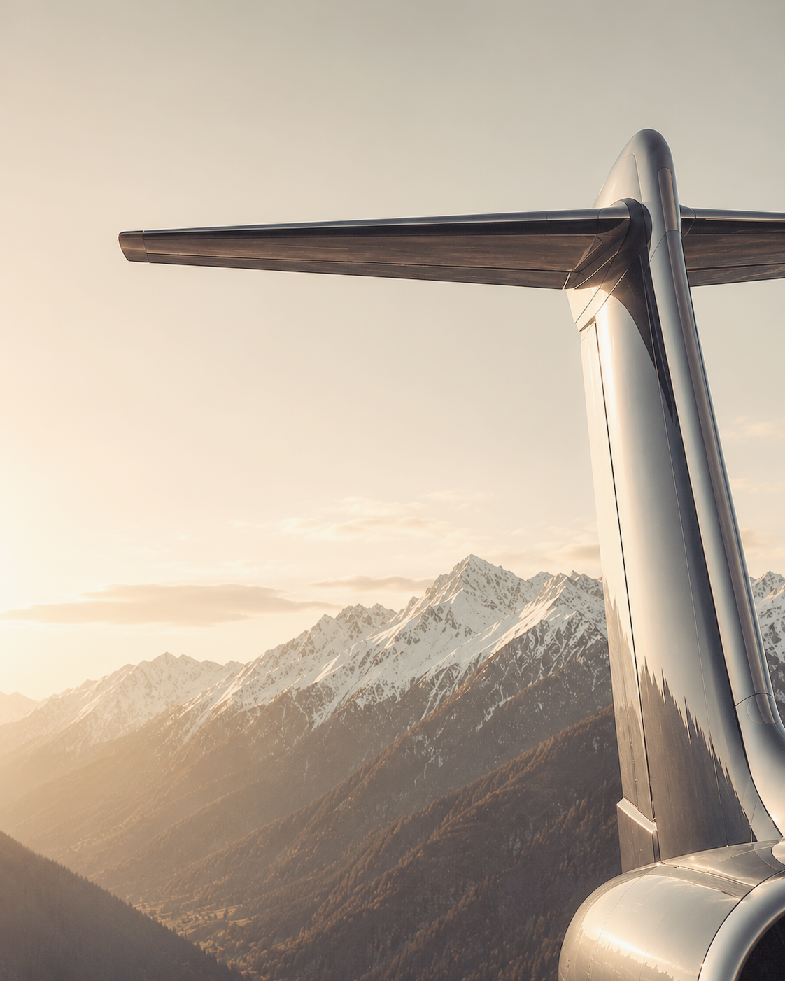 Aircraft tail over a mountain landscape